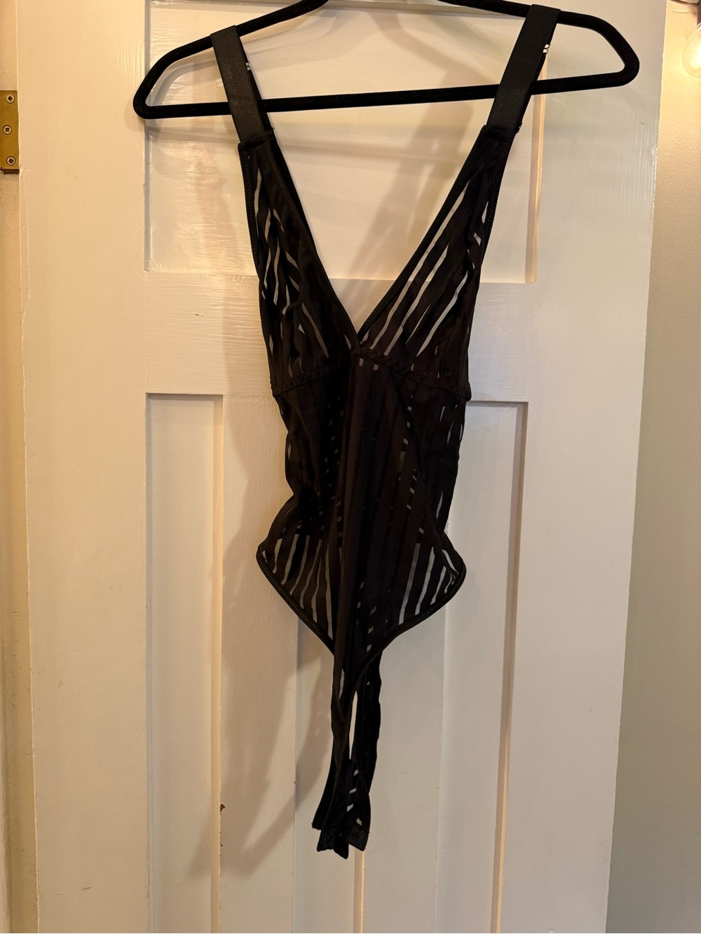 Black Strappy Sheer V-Neck Bodysuit -